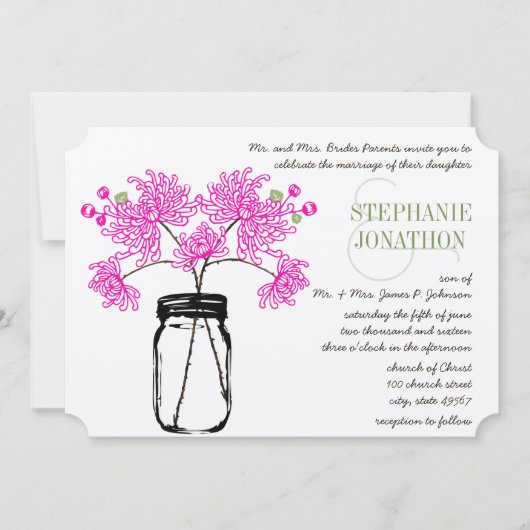 Hot Bright Pink Mason Jar Wildblume Hochzeit Einladung (Vorderseite)