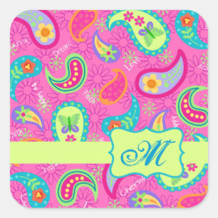 Hot Button Fuchsia Modernes Paisley-Muster Monogra Quadratischer Aufkleber
