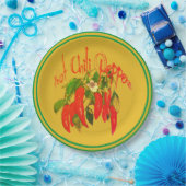 Hot Chili Red Paprikaschoten auf Senf Hintergrundt Pappteller (Party)