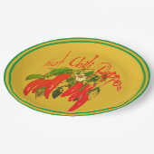 Hot Chili Red Paprikaschoten auf Senf Hintergrundt Pappteller (Schrägansicht)