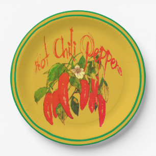 Hot Chili Red Paprikaschoten auf Senf Hintergrundt Pappteller