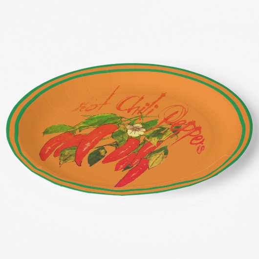 Hot Chili Red Paprikaschoten Terra Cotta Hintergru Pappteller (Schrägansicht)