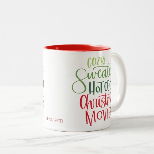 Hot Chocolate Christmas Red Green Whimsy Text Zweifarbige Tasse (VorderseiteRechts)