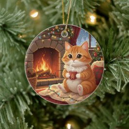 Hot Cocoa Cat Cozy Winter Cat by the Fireplace Keramik Ornament
