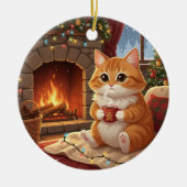 Hot Cocoa Cat Cozy Winter Cat by the Fireplace Keramik Ornament (Vorne)