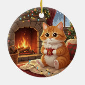 Hot Cocoa Cat Cozy Winter Cat by the Fireplace Keramik Ornament (Hinten)