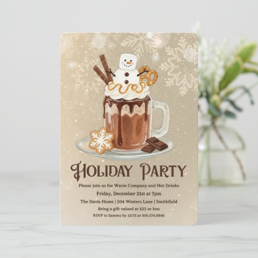 Hot Cocoa Holiday Party with Snowman Marshmallow Einladung (Stehend Vorderseite)