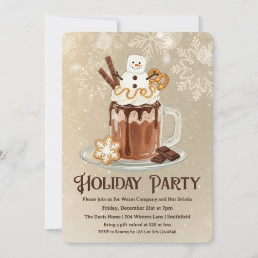 Hot Cocoa Holiday Party with Snowman Marshmallow Einladung (Vorderseite)
