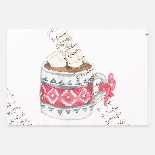 Hot Cocoa Tasse 3-Pack Weihnachtsgeschenk Wrap Geschenkpapier Set (Vorderseite)