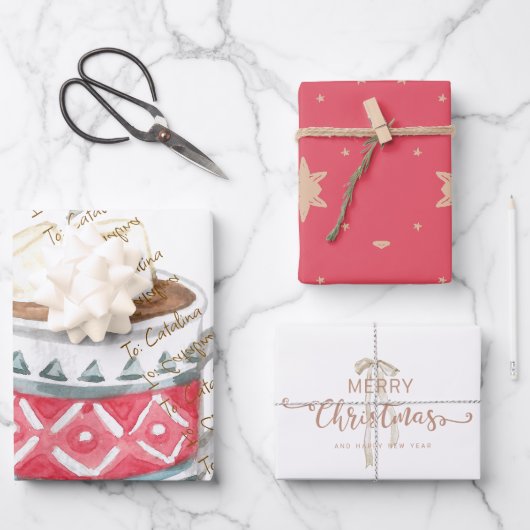 Hot Cocoa Tasse 3-Pack Weihnachtsgeschenk Wrap Geschenkpapier Set (Vorderseite)