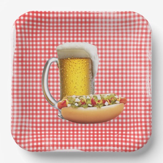 Hot Dog and Beer On Gingham Pappteller (Vorderseite)