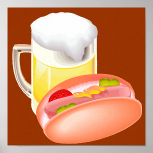 Hot Dog auf einem Bun und Bier mit allen Fixes Poster