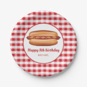 Hot Dog auf Red Gingham Pattern Happy Birthday Pappteller (Vorderseite)