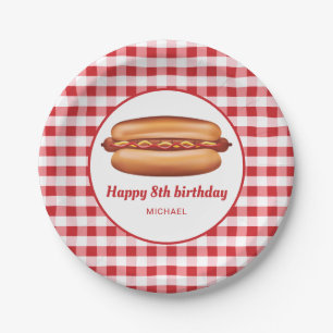 Hot Dog auf Red Gingham Pattern Happy Birthday Pappteller