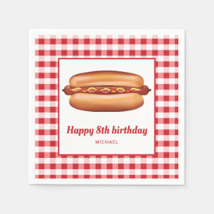 Hot Dog auf Red Gingham Pattern Happy Birthday Serviette