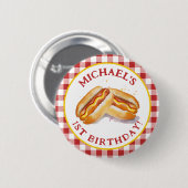 Hot Dog Birthday Party Button - Red Gingham Kids C (Vorne & Hinten)