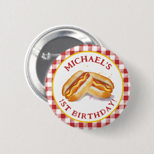 Hot Dog Birthday Party Button - Red Gingham Kids C