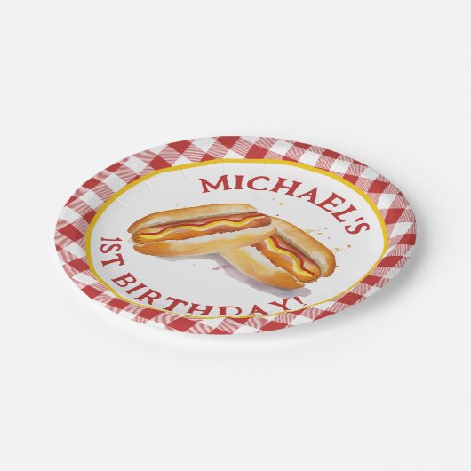 Hot Dog Birthday Party Paper Teller - Red Gingham (Schrägansicht)
