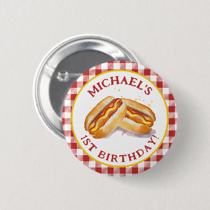 Hot Dog Birthday Party Red Gingham Button
