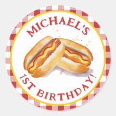Hot Dog Birthday Round Sticker - Red Gingham Kids (Vorderseite)