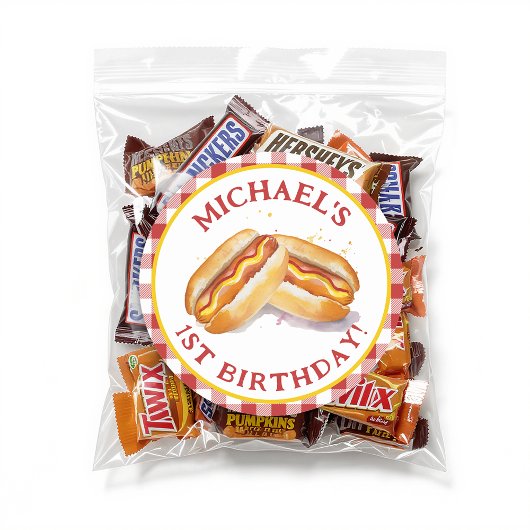 Hot Dog Birthday Round Sticker - Red Gingham Kids