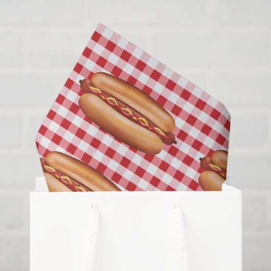 Hot Dog Fast Food Buns auf Red Gingham Pattern Seidenpapier (Geschenktüte)