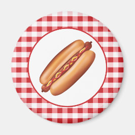Hot Dog Fast Food Illustration auf Red Gingham Magnet