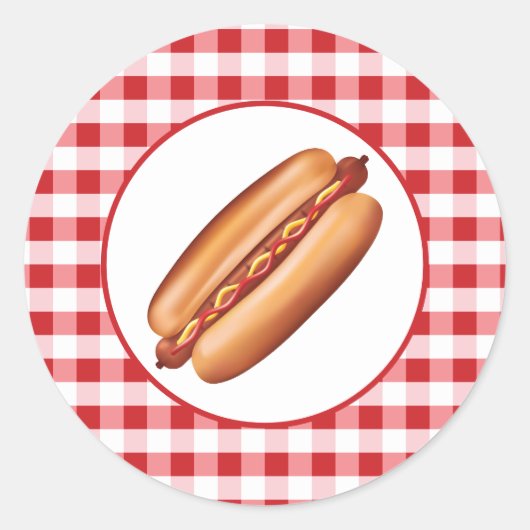 Hot Dog Fast Food Snack auf Red Gingham Runder Aufkleber (Vorderseite)