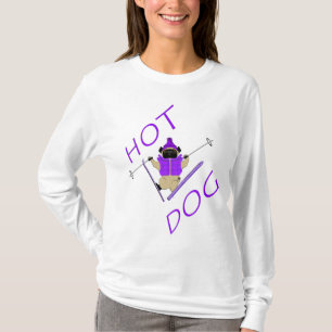Hot Dog Funny Skifahren Mops Lila Jacket und Skis T-Shirt