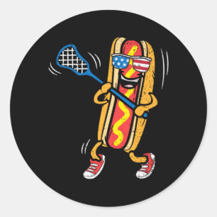 Hot-Dog-Lacrosse-Spieler 4. Juli Sport Runder Aufkleber