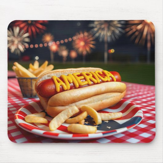 Hot Dog mit Amerika Text und Fireworks Mousepad (Vorne)