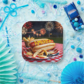 Hot Dog mit Amerika Text und Fireworks Pappteller (Party)