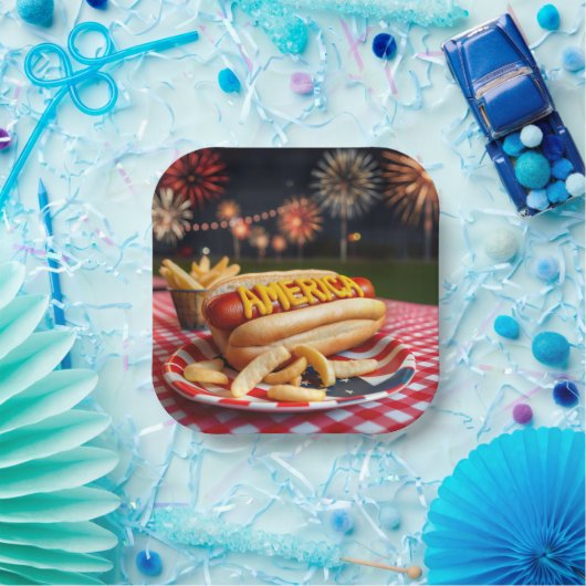 Hot Dog mit Amerika Text und Fireworks Pappteller (Party)