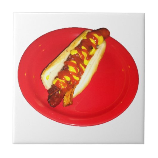 Hot Dog mit Ketchup und Senf Fliese (Vorderseite)