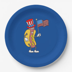 Hot Dog Patriotic Holding US Flag 4. Juli Pappteller