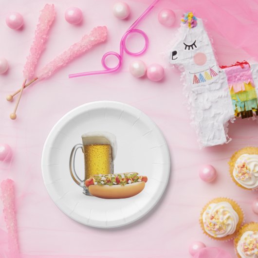 Hot Dog und Bier auf Weiß Pappteller (Party)