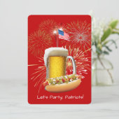 Hot Dog und Bier mit Feuerwerk und Fahne Einladung (Stehend Vorderseite)