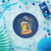 Hot Dog und Bier mit Feuerwerk und Fahne Pappteller (Party)