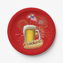 Hot Dog und Bier mit Feuerwerk und Fahne Pappteller
