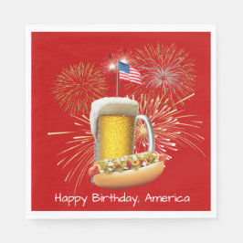 Hot Dog und Bier mit Feuerwerk und Fahne Serviette