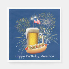Hot Dog und Bier mit Feuerwerk und Fahne Serviette