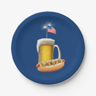 Hot Dog und Bier mit Flagge Pappteller