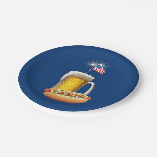 Hot Dog und Bier mit Flagge Pappteller (Schrägansicht)