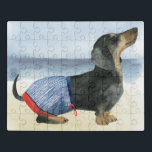 Hot Dog | Welpe im Schwimmbecken Puzzle<br><div class="desc">Dieses Aquarellbild zeigt einen Hund in Schwimmbädern,  der den Strand genießt | Nach Grace Popp. Bild-ID: 122224D</div>
