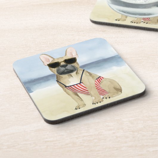 Hot Dog | Welpe in Sonnenbrille am Strand Getränkeuntersetzer (Linke Seite)