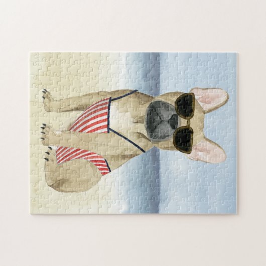 Hot Dog | Welpe in Sonnenbrille am Strand Puzzle (Horizontal)