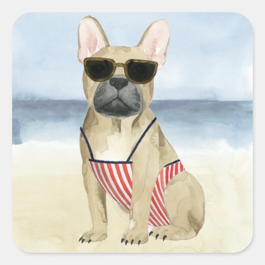 Hot Dog | Welpe in Sonnenbrille am Strand Quadratischer Aufkleber (Vorderseite)