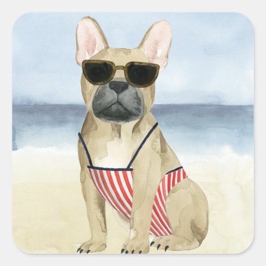 Hot Dog | Welpe in Sonnenbrille am Strand Quadratischer Aufkleber (Vorderseite)
