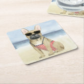 Hot Dog | Welpe in Sonnenbrille am Strand Rechteckiger Pappuntersetzer (angewinkelt)