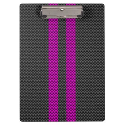 Hot Fuchsia Pink Racing Stripes Carbon Fibre Style Klemmbrett (Vorderseite)